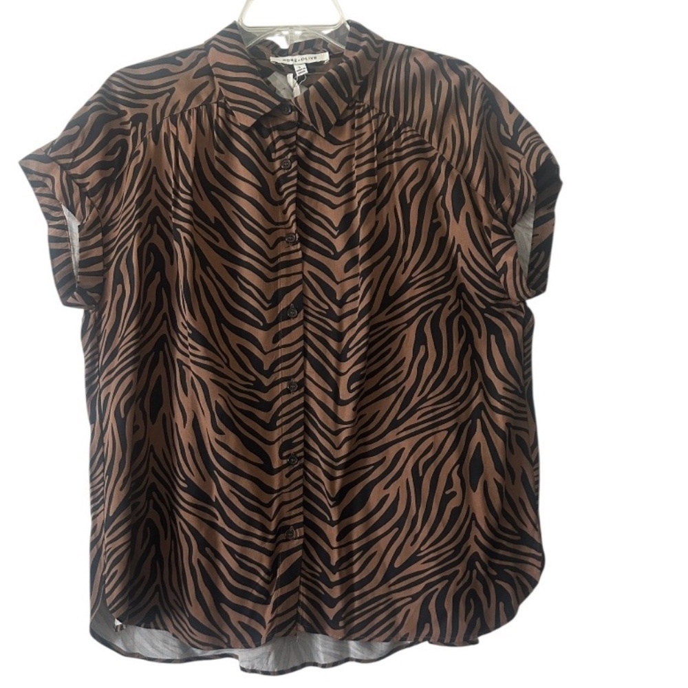 Rose & Olive Cap Sleeve Top Brown & Black Animal Print Button Up Collared  Large - Picture 3 of 4
